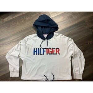 Tommy Hilfiger Shirt Women's Medium White Hooded Crop Top Tee